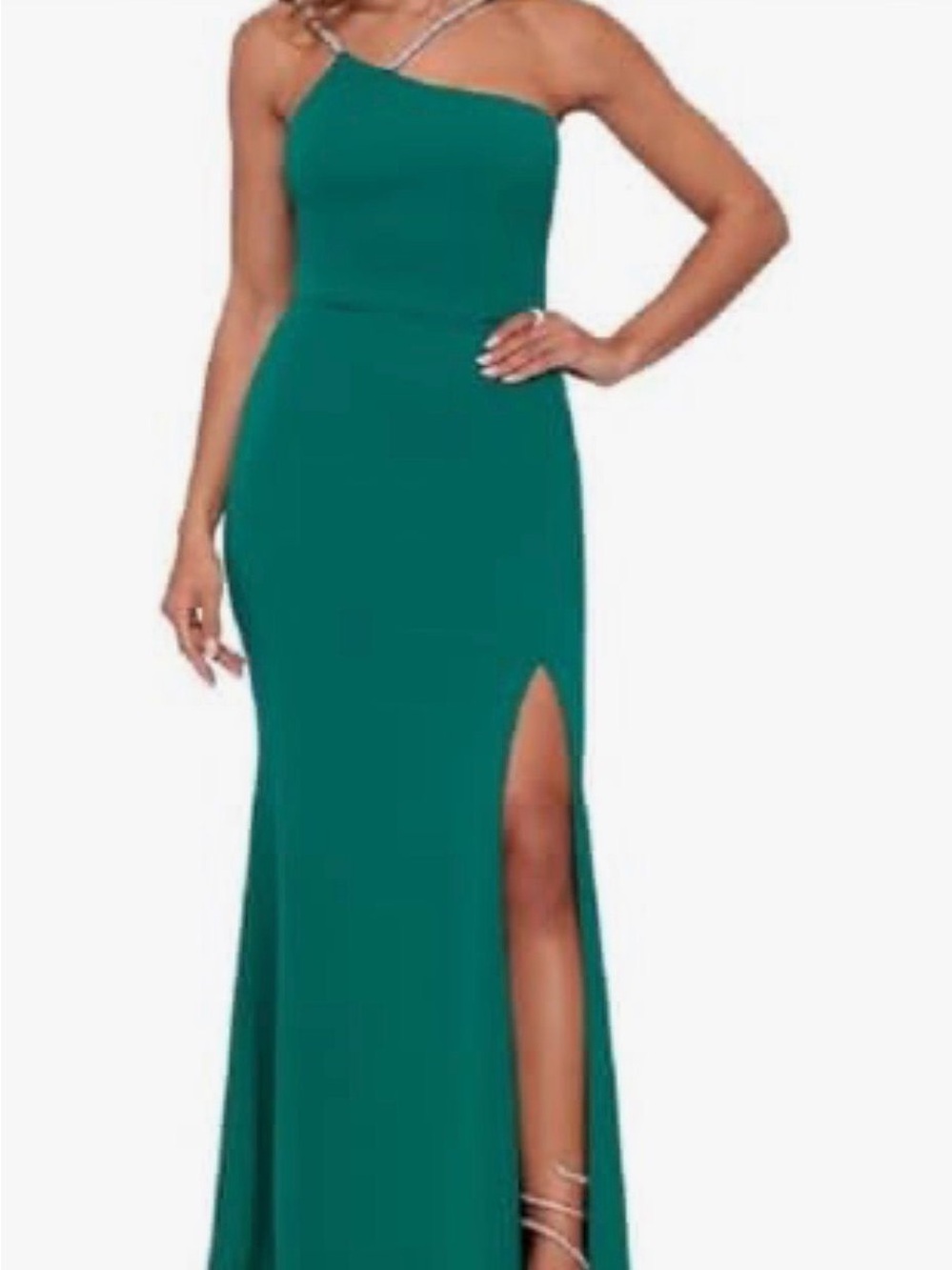 Xscape One-Shoulder Teal Evening Gown with Thigh Slit